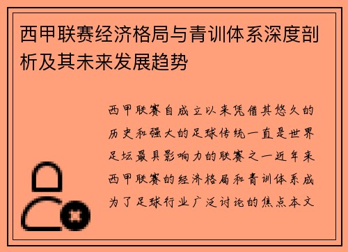 西甲联赛经济格局与青训体系深度剖析及其未来发展趋势