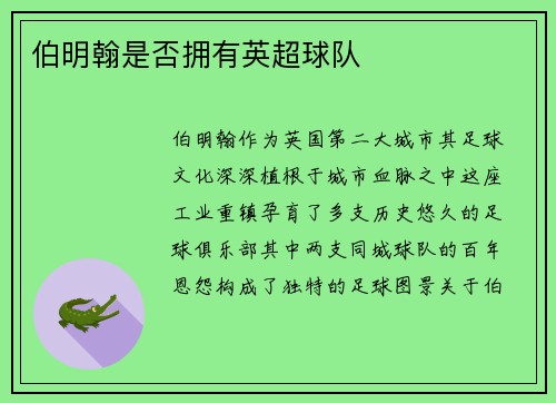 伯明翰是否拥有英超球队