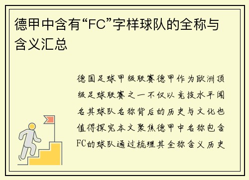 德甲中含有“FC”字样球队的全称与含义汇总