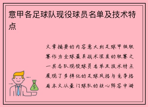 意甲各足球队现役球员名单及技术特点