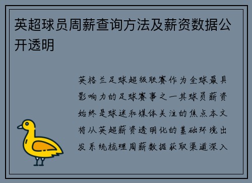 英超球员周薪查询方法及薪资数据公开透明